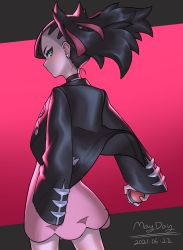 Rule 34 | 1girl, absurdres, black hair, black jacket, cowboy shot, creatures (company), dated, dress, earrings, from behind, game freak, glint, green eyes, hair ribbon, highres, holding, holding poke ball, jacket, jewelry, marnie (pokemon), maydaykiki, nintendo, pink dress, poke ball, pokemon, pokemon swsh, profile, ribbon, signature, solo