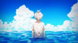Rule 34 | 1boy, ahoge, arms at sides, artist name, bad id, bad twitter id, blue sky, cloud, commentary request, danganronpa (series), danganronpa 2: goodbye despair, day, facing away, from behind, grey hair, horizon, komaeda nagito, male focus, meipoi, messy hair, ocean, outdoors, shirt, short sleeves, sky, solo, standing, water, white shirt