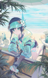 Rule 34 | 1boy, absurdres, androgynous, ayanon ite, beach, black hair, blue hair, blurry, blurry background, blurry foreground, braid, can, chinese commentary, commentary request, day, flower, genshin impact, gradient hair, green eyes, hat, hat flower, highres, holding, holding can, hood, hood down, hoodie, leaf, long sleeves, looking at viewer, male focus, multicolored hair, outdoors, pinwheel, see-through, short hair with long locks, shorts, sidelocks, solo, swimsuit, twin braids, vase, venti (genshin impact), water, white flower