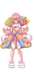 Rule 34 | 1girl, animal slippers, azuchi momo, azuchi momo (3rd costume), bare shoulders, drill hair, full body, fur-trimmed jacket, fur trim, glasses, green hair, hairband, highres, jacket, looking at viewer, multicolored clothes, multicolored hair, multicolored jacket, nijisanji, official art, open mouth, oversized clothes, pink eyes, pink hair, pink shirt, pink shorts, red-framed eyewear, second-party source, shirt, shorts, simple background, slippers, smile, solo, star (symbol), streaked hair, thigh strap, twin drills, twintails, virtual youtuber, white background, white hairband, yuuki (irodo rhythm)