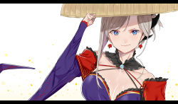 Rule 34 | 1girl, blue eyes, breasts, cleavage, collarbone, commentary, earrings, fate/grand order, fate (series), hat, holding, holding clothes, holding hat, jewelry, large breasts, letterboxed, long sleeves, looking at viewer, medium hair, miyamoto musashi (fate), miyamoto musashi (third ascension) (fate), pinch (nesume), sandogasa, silver hair, smile, solo, tomoe (symbol), tsurime, upper body