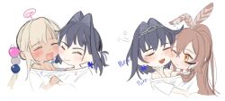 Rule 34 | 3girls, blue hair, blush, brown hair, chain, chibi, closed eyes, earrings, eus ing, hair between eyes, hair intakes, hololive, hololive english, hug, jewelry, multiple girls, nanashi mumei, one eye closed, open mouth, ouro kronii, ponytail, simple background, smile, tongue, tsukumo sana, twintails, upper body, virtual youtuber, white hair, yuri
