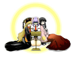 Rule 34 | 3girls, animal ears, black dress, black hair, black hat, blonde hair, book, book stand, chinese clothes, closed eyes, commentary request, crescent moon symbol, dress, drooping, girl sandwich, hand on another&#039;s hand, hand on another&#039;s head, hands on lap, hat, hidden eyes, hime cut, houraisan kaguya, junko (touhou), kneeling, leaning on person, legacy of lunatic kingdom, long hair, long sleeves, multiple girls, necktie, open mouth, pink shirt, pink skirt, pleated skirt, pointing, pom pom (clothes), purple hair, rabbit ears, reisen udongein inaba, sandwiched, shaded face, shadow, shirt, sidelocks, skirt, smile, sweatdrop, touhou, very long hair, white background, white shirt, wide sleeves, yellow eyes, yokochou