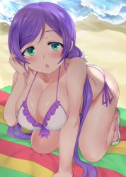 Rule 34 | 1girl, arm support, beach, bikini, bikini top only, breasts, cleavage, collarbone, commentary request, day, frilled bikini, frills, green eyes, highres, katsura harufumi, kneeling, large breasts, long hair, looking at viewer, love live!, love live! school idol festival, love live! school idol project, low twintails, ocean, open mouth, outdoors, purple hair, sand, sandals, shiny skin, skindentation, solo, swimsuit, tojo nozomi, towel, twintails, water