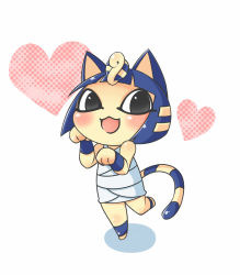 Rule 34 | 1girl, animal crossing, animal ears, ankha (animal crossing), barefoot, black eyes, black hair, blue hair, blush, cat, cat ears, cat tail, egypt, egyptian, furry, furry female, heart, nintendo, open mouth, paw pose, short hair, simple background, smile, solo, standing, tail, white background, youki (yuyuki)
