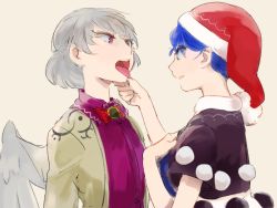 Rule 34 | 2girls, bad id, bad pixiv id, blue eyes, blue hair, bow, bowtie, chamaruk, doremy sweet, finger in another&#039;s mouth, grey hair, hand on own chest, hat, jacket, kishin sagume, looking at another, multiple girls, nightcap, open mouth, pink eyes, pom pom (clothes), short sleeves, simple background, tongue, tongue out, touhou, wings