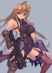 Rule 34 | 1girl, armor, assault rifle, asymmetric gloves, asymmetrical gloves, asymmetrical legwear, bandages, belt, black coat, boots, breasts, brown gloves, coat, collar, covered erect nipples, elbow gloves, fingerless gloves, fishnets, garter straps, gauntlets, gloves, gluteal fold, grenade launcher, gun, hair between eyes, large breasts, leotard, long hair, looking to the side, m4 carbine, machine gun, mk-5, original, purple background, red eyes, rifle, serious, sidelocks, simple background, single boot, single thighhigh, sleeveless, sleeveless coat, solo, thigh boots, thighhighs, thighs, uneven gloves, uneven legwear, very long hair, weapon