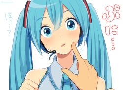 Rule 34 | 1girl, aqua eyes, aqua hair, aqua necktie, arm up, arms up, blue eyes, blue hair, blue necktie, blush, cheek poking, clenched hands, collar, collared shirt, dress shirt, frilled collar, frilled shirt, frilled shirt collar, frills, hair between eyes, hair intakes, hand up, hands up, hatsune miku, head tilt, headphones, headset, microphone, necktie, nokuhashi, open mouth, poking, pov, pov hands, shirt, simple background, solo, twintails, twitter username, vocaloid, watermark, white background