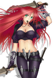 Rule 34 | 1girl, belt, breasts, bustier, capelet, cleavage, dagger, fingerless gloves, gloves, green eyes, groin, jewelry, katarina (league of legends), knife, large breasts, league of legends, long hair, midriff, mouth hold, navel, necklace, popped collar, red hair, scar, signature, skin tight, solo, spikes, tonnelee, weapon