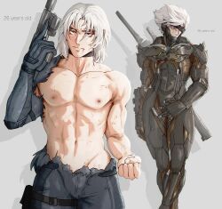 2boys abs age_comparison black_choker black_pants bodysuit bulge choker clenched_hand closed_eyes collarbone commentary cyborg dual_persona english_commentary grey_eyes gun hair_bun handgun highres holding holding_gun holding_weapon male_focus medium_hair metal_gear_(series) metal_gear_solid_2:_sons_of_liberty metal_gear_solid_4:_guns_of_the_patriots multiple_boys muscular muscular_male pants pectorals raiden_(metal_gear) single_side_bun suppressor topless_male torn_bodysuit torn_clothes weapon white_hair yoracrab