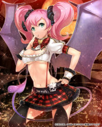 Rule 34 | 1girl, bat wings, belt, breasts, cityscape, cleavage, demon girl, demon tail, finger to mouth, green eyes, hand on own hip, medium breasts, midriff, navel, official art, original, pink hair, plaid, plaid skirt, seikon no arcana, short sleeves, silver (atelier-tengu), skirt, skull, sky, solo, tail, twintails, underboob, watermark, wings, wrist cuffs