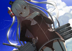 Rule 34 | 1girl, amatsukaze (kancolle), black panties, blue sky, breasts, brown eyes, cloud, day, floating hair, from below, garter straps, hair between eyes, hair ornament, highres, kantai collection, long hair, outdoors, oz ma33, panties, rigging, silver hair, sky, small breasts, solo, standing, torpedo tubes, underwear, very long hair