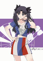 Rule 34 | 1girl, 2019, black bow, black hair, blue eyes, bow, collarbone, cowboy shot, dated, fate/stay night, fate (series), hair bow, hand in own hair, hand on own hip, long hair, midriff, miniskirt, navel, pencil skirt, shirt, short sleeves, skirt, solo, standing, stomach, striped clothes, striped skirt, tied shirt, tohsaka rin, twintails, twitter username, two side up, yaoshi jun