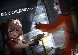 Rule 34 | 1girl, 1other, bell, black choker, black gloves, bow, brown hair, character request, check translation, choker, detached sleeves, dress, dutch angle, fangs, flashlight, fox mask, gloves, gun, hair bow, hand up, handgun, highres, holding, holding gun, holding weapon, honkai: star rail, honkai (series), lethal company, long hair, looking at another, mask, mask on head, neck bell, open mouth, oxygen tank, pink eyes, railing, red bow, red dress, red sleeves, revolver, shinonome satoshimare, short sleeves, sidelocks, skin fangs, snubnosed revolver, sparkle (honkai: star rail), toy gun, translation request, twintails, upper body, weapon