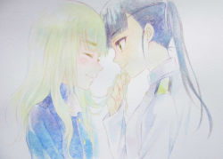Rule 34 | 2girls, agahari, black hair, blonde hair, blush, eyepatch, closed eyes, forehead-to-forehead, hair ribbon, heads together, holding another&#039;s hair, long hair, long sleeves, military, military uniform, multiple girls, naval uniform, no eyewear, perrine h. clostermann, ponytail, ribbon, sakamoto mio, strike witches, traditional media, uniform, world witches series, yellow eyes, yuri