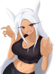 Rule 34 | 1girl, absurdres, animal ears, bare arms, bare shoulders, black pants, black tank top, boku no hero academia, breasts, claw pose, cleavage, collarbone, crop top, dark-skinned female, dark skin, fang, hair between eyes, hands up, highres, jewelry, large breasts, long eyelashes, long hair, looking at viewer, mirko, navel, necklace, open mouth, pants, parted bangs, rabbit ears, rabbit girl, red eyes, smile, solo, tank top, tobira illust, toned, tongue, upper body, very long hair, white background, white hair