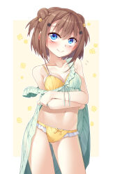 Rule 34 | 1girl, bare arms, blue eyes, bow, bra, breasts, brown hair, cleavage, closed mouth, collarbone, dress, gluteal fold, green dress, hair bun, hair ornament, highres, ina (inadahime), medium breasts, navel, original, panties, simple background, smile, solo, underwear, yellow bra, yellow panties