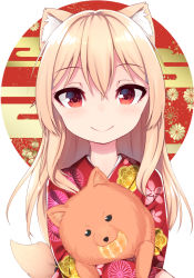 Rule 34 | 1girl, animal, animal ears, animal hug, binsen, blush, closed mouth, commentary request, dog, dog ears, dog girl, dog tail, egasumi, floral print, food, food in mouth, fruit, hair between eyes, head tilt, japanese clothes, kimono, light brown hair, long hair, looking at viewer, mandarin orange, mouth hold, original, print kimono, red eyes, red kimono, smile, solo, tail, very long hair, white background