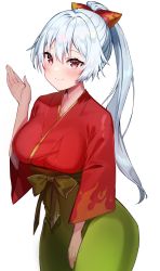 Rule 34 | 1girl, bad id, bad twitter id, breasts, fate/grand order, fate (series), felnemo, flame print, green hakama, hair between eyes, hakama, highres, japanese clothes, kimono, large breasts, long hair, long sleeves, looking at viewer, mash kyrielight, mash kyrielight (enma-tei uniform), ponytail, red eyes, red kimono, silver hair, smile, solo, tomoe gozen (fate), wide sleeves