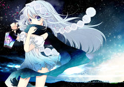 Rule 34 | 1girl, bare shoulders, blue eyes, blue hair, blue theme, bow, covering face, covering own mouth, covering privates, dress, female focus, hair bow, hair ornament, holding, ishikawa sae, lamp, lantern, legs, long hair, matching hair/eyes, night, night sky, original, outdoors, petals, scarf, scarf over mouth, see-through, short dress, sky, solo, wind