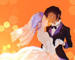 Rule 34 | 2girls, aged up, amity blight, backless dress, backless outfit, bare shoulders, black bow, black bowtie, black jacket, blurry, blush, bokeh, bow, bowtie, bridal veil, bride, brown hair, chromatic aberration, commentary request, dark-skinned female, dark skin, depth of field, dress, dyed hair, earrings, elbow gloves, eye contact, female focus, formal, gloves, hair bun, highres, holding hands, interspecies, jacket, jewelry, korean commentary, looking at another, luz noceda, multicolored clothes, multicolored hair, multiple girls, noses touching, orange background, orange eyes, parted lips, pointy ears, popped collar, purple hair, quiroring, shirt, short hair, single hair bun, smile, stud earrings, suit, suit jacket, tearing up, the owl house, traditional bowtie, tuxedo, twitter username, two-tone hair, upper body, veil, very short hair, wedding dress, white dress, white gloves, white shirt, white veil, wife and wife, witch (the owl house), yuri