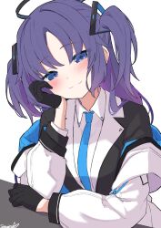 Rule 34 | 1girl, black gloves, blue archive, blue necktie, blush, gloves, hair ornament, halo, highres, id card, jacket, lanyard, long hair, long sleeves, looking at viewer, mechanical halo, necktie, purple eyes, purple hair, sazamiso rx, shirt, simple background, smile, solo, twintails, two-sided fabric, two-sided jacket, white background, white shirt, yuuka (blue archive)