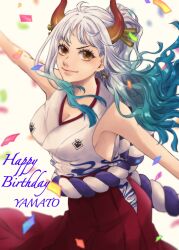 Rule 34 | 1girl, arm up, blue hair, commentary request, confetti, cowboy shot, earrings, green hair, hair ornament, hakama, hakama pants, happy birthday, highres, horns, japanese clothes, jewelry, kimono, looking at viewer, multicolored hair, one piece, pants, ponytail, red pants, rope, shimenawa, sleeveless, sleeveless kimono, smile, solo, white hair, white kimono, yamato (one piece), yorozu rkgk m