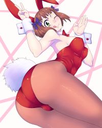 Rule 34 | 1girl, :p, ;q, amami haruka, animal ears, ass, blush, bow, bowtie, breasts, brown hair, cleavage, detached collar, fake animal ears, green eyes, hair bow, highres, idolmaster, idolmaster (classic), leotard, looking back, oku (okumen), one eye closed, pantyhose, playboy bunny, rabbit ears, rabbit tail, short hair, solo, tail, tongue, tongue out, v, wink, wrist cuffs