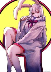 Rule 34 | animal ears, aosora2823, black sclera, carrot (one piece), colored sclera, dress, foot out of frame, fur trim, furry, furry female, highres, long hair, looking at viewer, one piece, rabbit ears, rabbit girl, red eyes, sitting, sulong form, white dress, white fur, white hair
