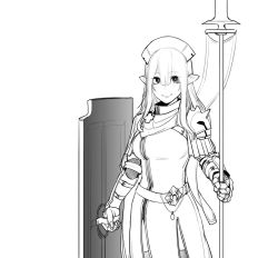 Rule 34 | 1girl, armor, blunt bangs, closed mouth, commentary, english commentary, gauntlets, greyscale, hair between eyes, headdress, holding, holding weapon, less, looking at viewer, monochrome, original, pauldrons, pointy ears, polearm, shield wall, shoulder armor, simple background, smile, solo, spear, standing, weapon, white background