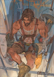 Rule 34 | 1boy, bara, brown shorts, bulge, cassidy (overwatch), construction site, construction worker, dark-skinned male, dark skin, from above, hard hat, helmet, highres, jinhallz, large pectorals, male focus, mature male, muscular, muscular male, overwatch, overwatch 1, pectorals, see-through, short hair, shorts, sitting, solo, sweat, sweaty clothes, tank top, thick eyebrows, tool belt, very sweaty, white tank top, work boots