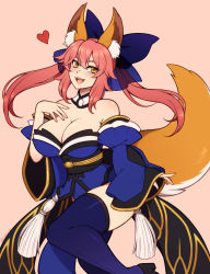 Rule 34 | 1girl, absurdres, animal ears, bare shoulders, blue bow, blue thighhighs, blush, bow, breasts, brown eyes, cleavage, detached sleeves, fangs, fate/grand order, fate (series), fox ears, fox girl, fox tail, hair bow, heart, highres, large breasts, long hair, looking at viewer, open mouth, pink hair, smile, solo, tail, tamamo (fate), tamamo no mae (fate/extra), teeth, the scarlet devil, thighhighs, twintails, upper teeth only