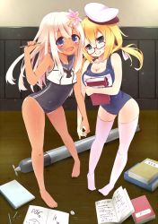 Rule 34 | 10s, 2girls, :d, bare legs, bare shoulders, barefoot, black eyes, blue eyes, book, breasts, cleavage, crop top, glasses, hat, highres, i-8 (kancolle), kantai collection, large breasts, long hair, looking at viewer, low twintails, masaharu (nuaa), multiple girls, name tag, neckerchief, open mouth, pencil, ro-500 (kancolle), sailor collar, sailor hat, school swimsuit, small breasts, smile, swimsuit, swimsuit under clothes, tan, tanline, thighhighs, torpedo, twintails, white hair, white legwear