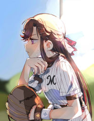 Rule 34 | 1girl, absurdres, backlighting, ball, baseball, baseball glove, baseball jersey, baseball uniform, belt, black shirt, blouse, blue sky, blurry, blurry background, bow, brown hair, buttons, chiba lotte marines, day, from side, fud, hair bow, hair ornament, half updo, hand on own chin, hand up, highres, holding, holding ball, jersey, leaning forward, light blush, long hair, looking away, nippon professional baseball, outdoors, pants, parted lips, pink belt, pink bow, playing sports, profile, purple eyes, shirt, short sleeves, shoujo kageki revue starlight, sidelocks, sky, solo, sportswear, standing, sweat, sweatband, tendou maya, tied shirt, undershirt, upper body, v-shaped eyebrows, white pants, white shirt, wristband, x hair ornament