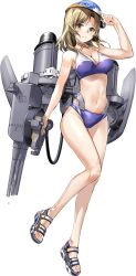Rule 34 | 1girl, bikini, blue bikini, breasts, brown eyes, cleavage, full body, hat, houston (kancolle), houston kai (kancolle), kantai collection, large breasts, light brown hair, long hair, machinery, official art, purple bikini, sandals, sports sandals, swimsuit, transparent background, turret, zeco
