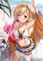 Rule 34 | 1girl, absurdres, arm up, armpits, beach, bead bracelet, beads, bikini, bikini skirt, blonde hair, blurry, blurry foreground, blush, bracelet, breasts, brown hair, cleavage, closed mouth, collarbone, cup, disposable cup, djeeta (granblue fantasy), djeeta (summer) (granblue fantasy), drinking straw, footprints, from above, granblue fantasy, hair between eyes, hairband, highres, holding, holding cup, innertube, innertube with ears, jewelry, kamishiro mai (capti-no), large breasts, layered bikini, looking at viewer, navel, ocean, official alternate costume, one eye closed, palm leaf, sandals, short hair, signature, smile, solo, stomach, swim ring, swimsuit, thigh strap, white bikini