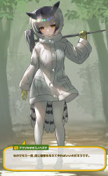 Rule 34 | 1girl, bird girl, bird tail, bird wings, black hair, blush, coat, commentary request, fake screenshot, fur collar, gloves, grey hair, head wings, kemono friends, kemono friends 3, long sleeves, looking at viewer, mary janes, multicolored hair, northern white-faced owl (kemono friends), orange eyes, owl ears, owl girl, pantyhose, pickaxe, shoes, short hair, solo, tadano magu, tail, translation request, white coat, white fur, white hair, white pantyhose, wings, winter clothes, winter coat, yellow footwear, yellow gloves