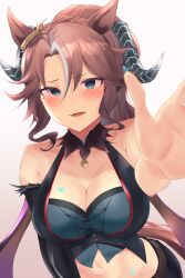 Rule 34 | 1girl, absurdres, animal ears, bare shoulders, black shirt, blue eyes, blush, breasts, cleavage, commentary request, cropped shirt, ear ornament, fangs, fingernails, gradient background, hair between eyes, highres, horns, horse ears, horse girl, horse tail, large breasts, long hair, mejiro palmer (devil in the moonlight) (umamusume), mejiro palmer (umamusume), midriff, navel, official alternate costume, official alternate hairstyle, open mouth, outstretched hand, ponytail, sharp fingernails, shirt, single sleeve, sleeveless, sleeveless shirt, smile, solo, tail, umamusume, yomesuket