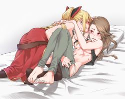 Rule 34 | 2girls, barefoot, blonde hair, blush, breasts, brown hair, clothed female nude female, dress, granblue fantasy, hands on another&#039;s shoulders, katalina (granblue fantasy), licking, miso-ha (ukyuu), multiple girls, nude, on bed, pants, red dress, red eyes, sweat, toes, underboob, undressing another, vira (granblue fantasy), yuri