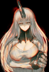 Rule 34 | 10s, 1girl, abyssal ship, bad id, bad pixiv id, breasts, cleavage, cleavage cutout, clothing cutout, horns, kantai collection, large breasts, long hair, meme attire, mukka, open-chest sweater, ribbed sweater, seaport princess, silver hair, single horn, solo, sweater, turtleneck