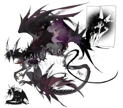 Rule 34 | black hair, black wings, chibi, chibi inset, commission, dragon wings, grey fur, grey tail, grey wings, highres, horns, kamikiririp, large wings, monster, multicolored wings, no humans, original, single horn, solo, spiked tail, tail, white background, wings