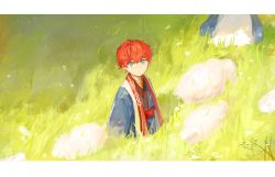 Rule 34 | 1boy, :o, amagi hiiro, blue eyes, blue robe, child, curious, day, earrings, ensemble stars!, etiv, falling leaves, field, flock, flower, from above, grass, grazing (livestock), highres, jewelry, leaf, letterboxed, long sleeves, looking at viewer, looking up, male focus, motion blur, nature, outdoors, petals, red hair, robe, sash, sheep, short hair, standing, vest, white flower, wind