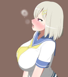Rule 34 | 1girl, blue eyes, blue sailor collar, blush, breasts, from side, grey hair, hair ornament, hairclip, hamakaze (kancolle), hauto-san, heart, heart-shaped pupils, heavy breathing, highres, in heat, kantai collection, large breasts, neckerchief, open mouth, profile, sailor collar, school uniform, serafuku, shirt, short hair, simple background, solo, symbol-shaped pupils, upper body, white shirt, yellow neckerchief