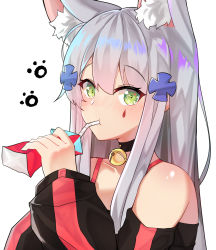 Rule 34 | 1girl, animal ear fluff, animal ears, bell, bendy straw, black choker, black sleeves, blush, cat ears, choker, closed mouth, commentary request, detached sleeves, drinking, drinking straw, facial mark, girls&#039; frontline, green eyes, hair between eyes, hair ornament, highres, hk416 (girls&#039; frontline), holding, jingle bell, kemonomimi mode, long hair, long sleeves, looking at viewer, meow nyang, neck bell, puffy long sleeves, puffy sleeves, sidelocks, silver hair, simple background, solo, upper body, white background