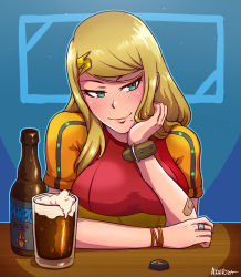 Rule 34 | 1girl, adapted costume, akairiot, alcohol, bandaid, bandaid on arm, beer, blonde hair, blue eyes, blush, bottle, bracelet, breasts, casual, eyeliner, female focus, full-face blush, glass, green eyes, hair ornament, hairclip, head rest, highres, jewelry, large breasts, light smile, lips, long hair, looking at viewer, makeup, metroid, mole, mole under mouth, nintendo, revision, ring, samus aran, shirt, smile, solo, swept bangs, t-shirt, table, taut clothes, varia suit, watch, wine bottle, wristwatch