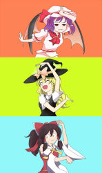 Rule 34 | 3girls, ^ ^, ascot, bat wings, black vest, blonde hair, blouse, bonnet, bow, braid, braided ponytail, brown hair, closed eyes, closed mouth, detached sleeves, dress, easy breezy, eizouken ni wa te wo dasu na!, emeril-eb, closed eyes, fang, fangs, hair bow, hakurei reimu, hands up, hat, hat bow, hat ribbon, highres, japanese clothes, kirisame marisa, magical girl, miko, multiple girls, neckerchief, necktie, o o, open hand, open hands, open mouth, purple hair, red shirt, red bow, red eyes, red neckwear, red shirt, remilia scarlet, ribbon, shirt, touhou, unamused, vest, white dress, white shirt, wings, witch, witch hat, yellow neckwear