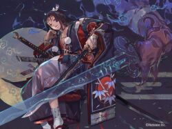 1boy black_hair blood blood_on_clothes closed_mouth colored_smoke copyright_notice grey_eyes highres holding holding_sword holding_weapon japanese_clothes male_focus one_eye_closed onikiri_(onmyoji) onmyoji smoke so-taro socks solo sword weapon white_socks