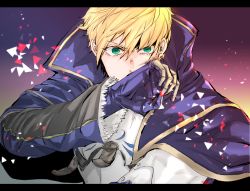 Rule 34 | 1boy, armor, armored dress, arthur pendragon (fate), black border, blonde hair, blue cape, blue dress, border, breastplate, cape, dress, fate/grand order, fate/prototype, fate (series), faulds, gauntlets, greaves, green eyes, hair between eyes, knowxxxing, long sleeves, looking at viewer, male focus, pauldrons, short hair, shoulder armor, signature, solo, upper body
