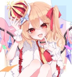 Rule 34 | 1girl, :d, absurdres, ascot, balloon, blonde hair, blue bow, bow, crown, crystal, fang, flandre scarlet, fur trim, highres, looking at viewer, medium hair, nail polish, one side up, open mouth, red eyes, red nails, rori82li, short sleeves, smile, solo, touhou, wings, wrist cuffs, yellow ascot