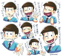 Rule 34 | blue suit, blush, clenched hands, expressions, formal, grin, hand on own chin, happy, heart, heart in mouth, index finger raised, looking at viewer, male focus, matsuno osomatsu, mone (14ri0000), multiple views, one eye closed, osomatsu-san, outstretched arms, own hands clasped, own hands together, pointing at hand, portrait, smile, star (symbol), suit